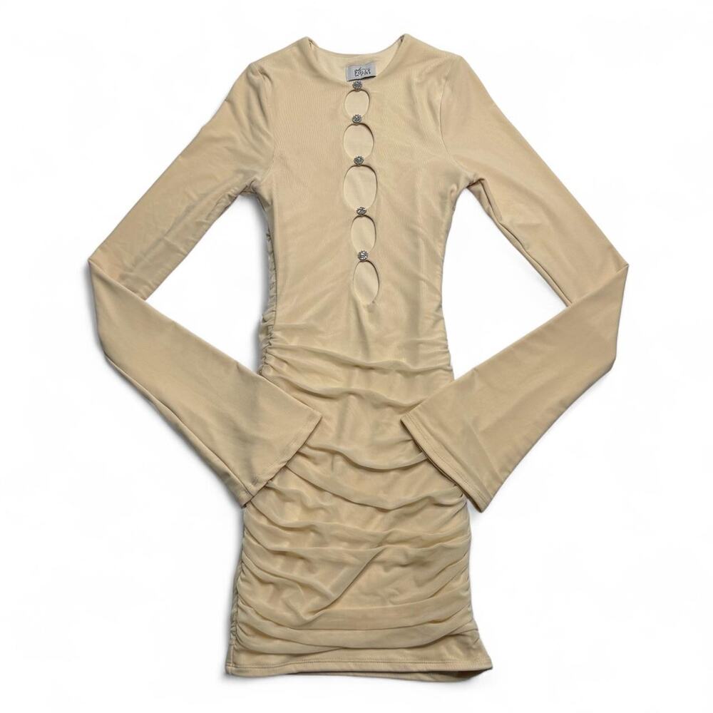 Oh Polly cream mini dress with ruched detailing and silver buttons, size 0